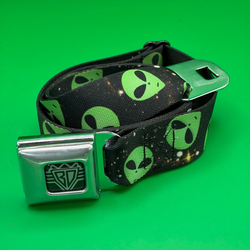 Buckle-Down Mens 24-38 Alien Galaxy Seatbelt Belt Black UFO Space Adjustable EUC